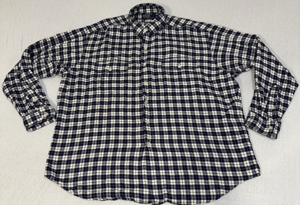Vintage Polo Ralph Lauren Benford Men's Work Shirt XL Plaid Twill Soft Black